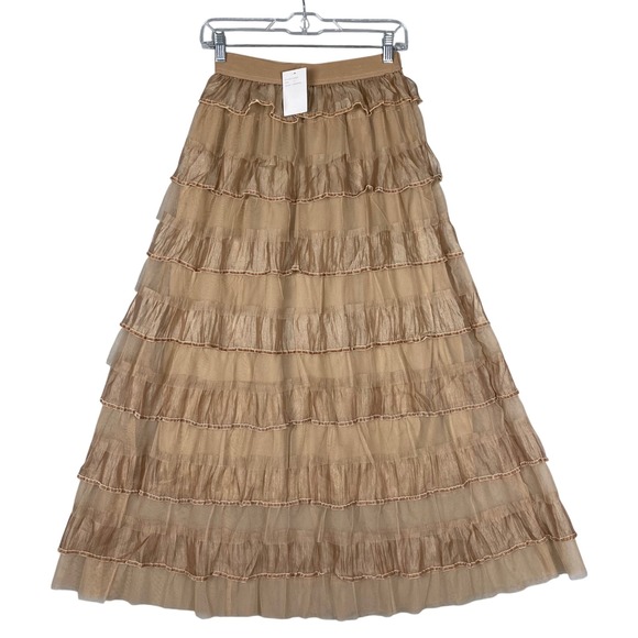 Studio West Dresses & Skirts - Studio West Tiered Ruffle Tulle Velvet Trim Maxi Skirt Womens S‎ Champagne NEW